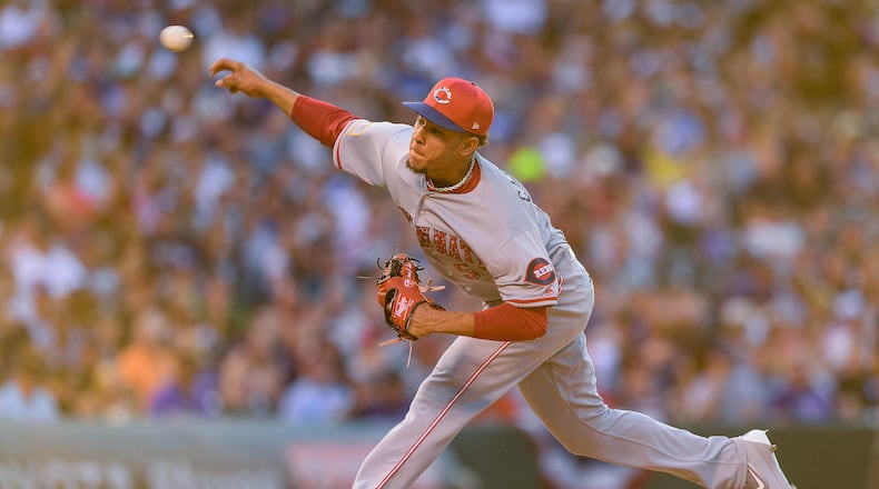 Reds starter Luis Castillo pitches against the Rockies at Coors Field on July 3, 2017 in Denver, Colorado.
