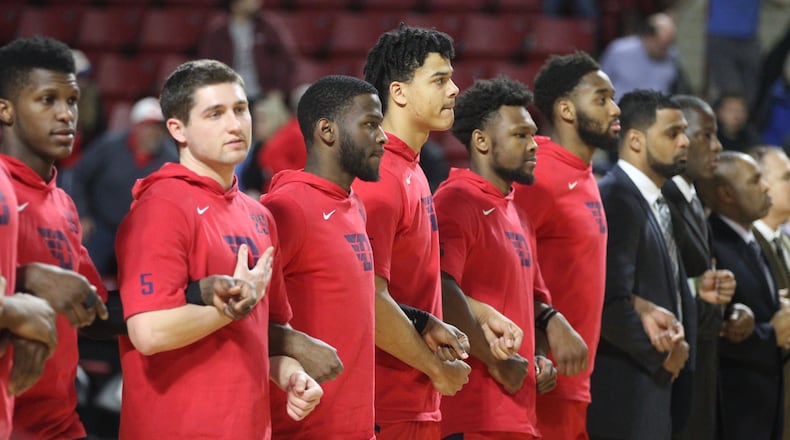 Dayton stands for the national anthem before a game against Massachusetts on Tuesday, Feb. 26, 2019, at the Mullins Center in Amherst, Mass.