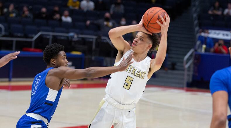Botkins senior Jayden Priddy-Powell puts up a shot during Friday's Division IV state semifinal game at UD Arena. Jeff Gilbert/CONTRIBUTED