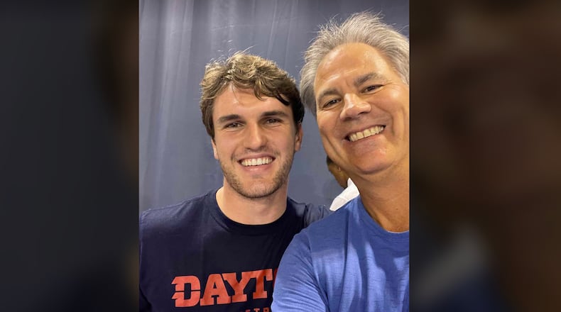 Dayton guard Brady Uhl, left, and fellow Alter grad Jack Zimmerman pose for a photo in Paris, France, on Friday, Aug. 11, 2023. Photo courtesy of Rachel Uhl