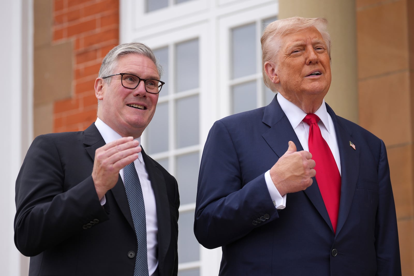 President Donald Trump meets with Britain's Prime Minister Keir Starmer, left, at Trump Turnberry golf club on Monday, July 28, 2025 in Turnberry, Scotland. (Christopher Furlong/Pool Photo via AP)
