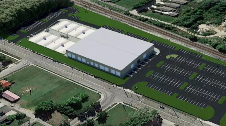 This aerial illustration shows the how the West Carrollton facility by Spikeit LLC will be laid out. Outdoor volleyball courts would be on the eastern side of the 7 acres it is proposing to buy at 200 W. Central Ave. The indoor courts would be in the center of the land and the majority of 350 parking spaces would be on the west side of property. CONTRIBUTED