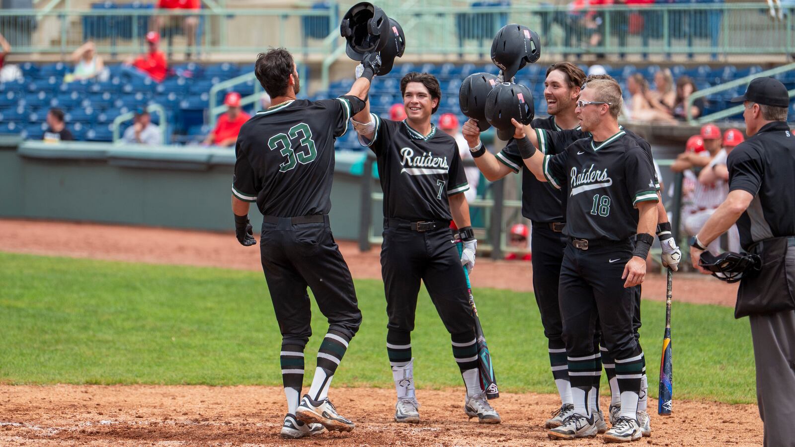 Wright State University junior Will Cook, a Miamisburg grad, celebrates after hitting a home run during their game on Friday, May 2 at Youngstown State University. The Raiders swept the three-game series against the Penguins, clinching the Horizon League regular season title. Jordan Wommack/CONTRIBUTED PHOTO