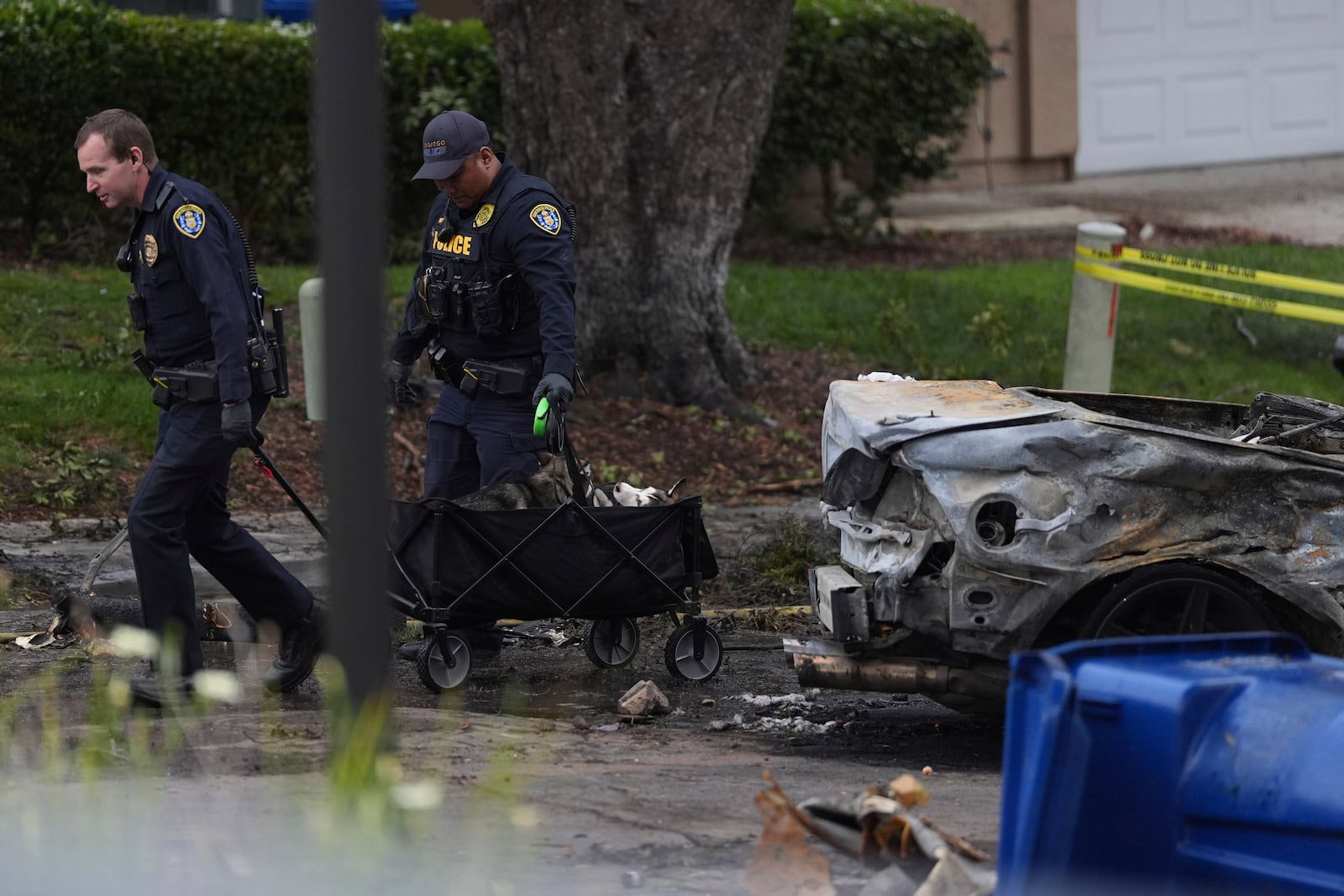 Police help rescue dogs from a home after a small plane crashed into a San Diego neighborhood earlier, setting several homes on fire and forcing evacuations along several blocks, Thursday, May 22, 2025. (AP Photo/Gregory Bull)