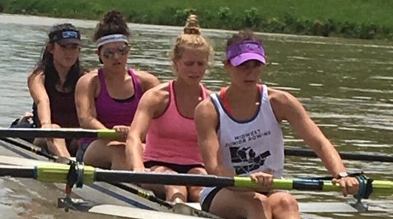 The Dayton Boat Club team of (left to right) Chloe Sutton (Centerville High School), Cassia Busch (Mason), Agatha Shafer (Oakwood) and Rachel McNutt (Beavercreek) took the bronze medal in the women’s varsity four competition at the Midwest Junior Rowing Championships in May and qualified for the USRowing Youth National Championships, which will be held June 9-11 in Sarasota, Fla. CONTRIBUTED PHOTO