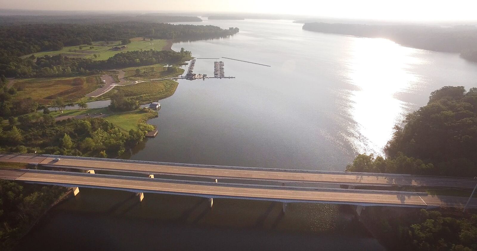 State Route 73 crosses Caesar Creek Lake near the Caesar Creek Marina which was opened in April of 2016. The marina is almost full of boats.  Years of planning and $8.8 million have created a busy marina that features more than 100 slips, concessions, fuel and restrooms for boaters.      TY GREENLEES / STAFF