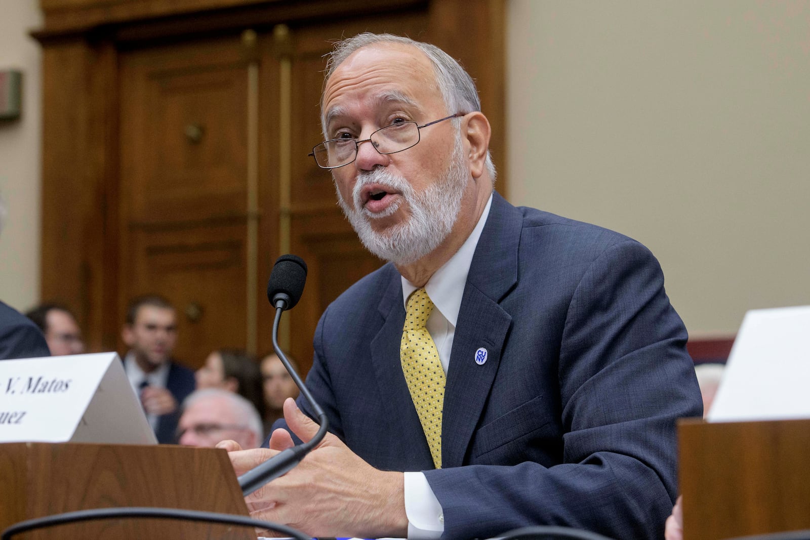 Dr. Félix Matos Rodríguez, Chancellor, The City University of New York, testifies during a House Committee on Education and Workforce Committee hearing on "Antisemitism in Higher Education: Examining the Role of Faculty, Funding, and Ideology" on Capitol Hill, Tuesday, July 15, 2025, in Washington. (AP Photo/Rod Lamkey, Jr.)