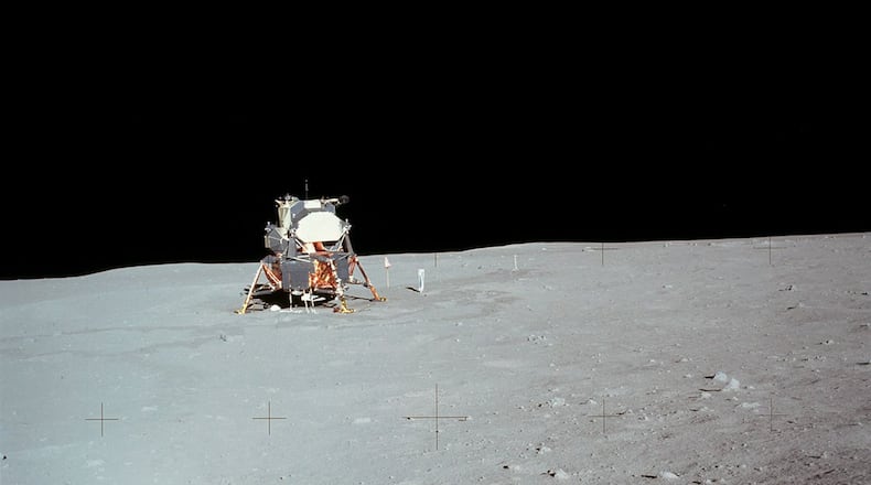 This photograph of the Lunar Module at Tranquility Base was taken by Neil Armstrong during the Apollo 11 mission, from the rim of Little West Crater on the lunar surface. Armstrong’s shadow and the shadow of the camera are visible in the foreground. This is the furthest distance from the lunar module traveled by either astronaut while on the moon. In a recent Air Force Research Laboratory Lab Life podcast, Rusnak explains how AFRL technology supported the famed Apollo 11 mission in 1969. (NASA photo)