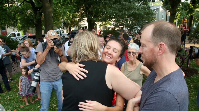 Residents of Dayton's Oregon District greeted Mayor Nan Whaley and members of the Dayton Police Department at Newcom Founders Park Tuesday during National Night Out. The event was just three days after six Dayton police officers shot and killed a gunman in less than a minute after he opened fire near Ned Peppers bar. LISA POWELL / STAFF