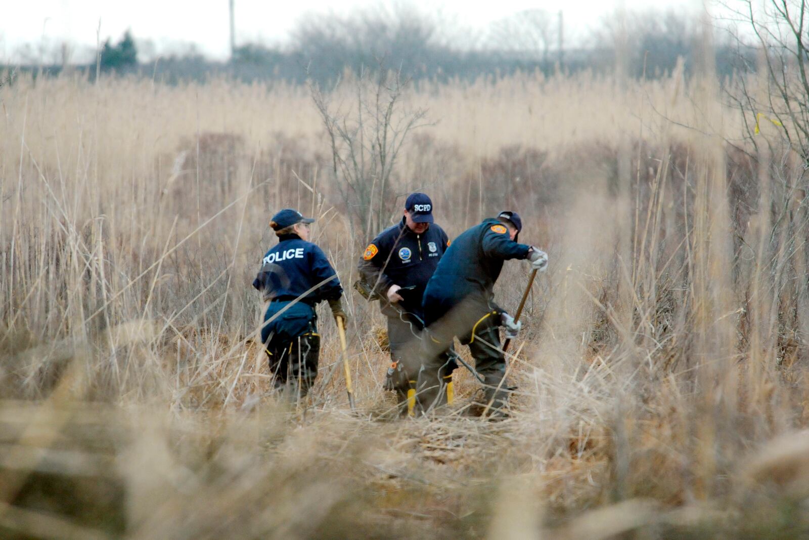 FILE - Crime scene investigators use metal detectors to search a marsh for the remains of a victim, Dec. 12, 2011 in Oak Beach, N.Y. (James Carbone/Newsday via AP, Pool, File)