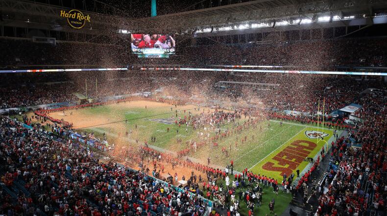 MIAMI, FLORIDA - FEBRUARY 02: Kansas City Chiefs players celebrate after defeating San Francisco 49ers by 31 - 20 in Super Bowl LIV at Hard Rock Stadium on February 02, 2020 in Miami, Florida. (Photo by Getty Images/Getty Images)