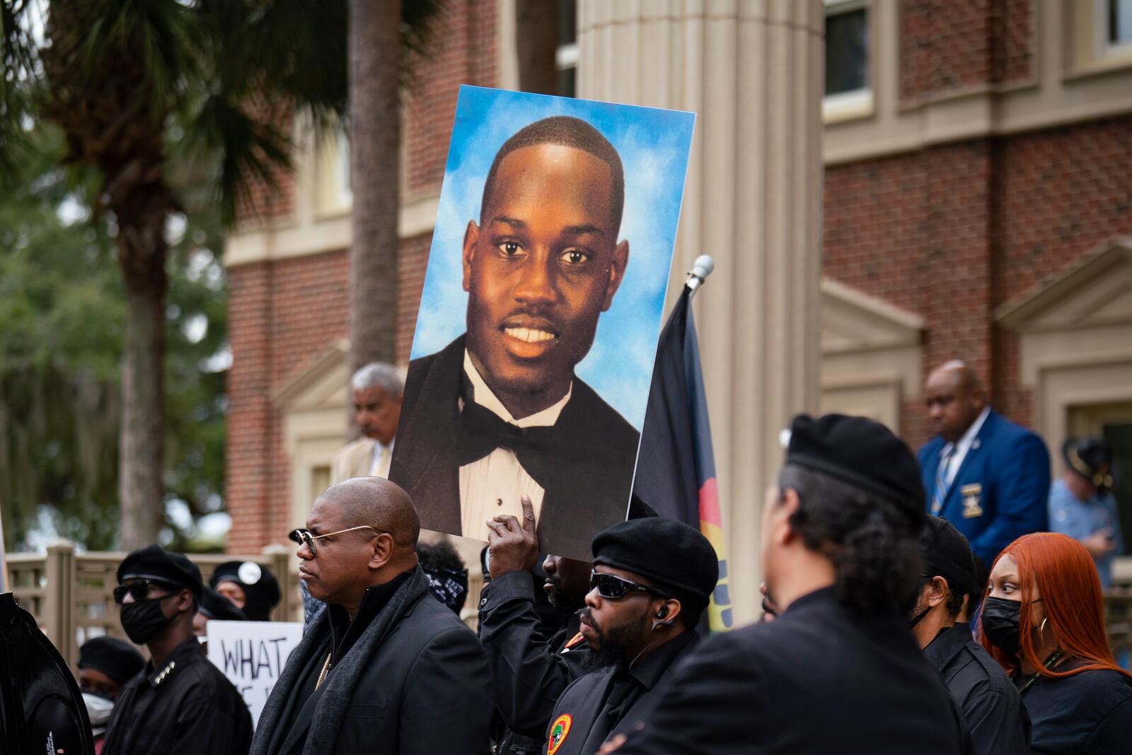 FILE — Demonstrators outside the Glynn County Courthouse during the trial of three white men accused of killing Ahmaud Arbery, in Brunswick, Ga., on Nov. 22, 2021. Hate crimes surged nearly 12 percent between 2020 and 2021, according to updated statistics released by the FBI on Monday, March 13, 2023. (Nicole Craine/The New York Times)