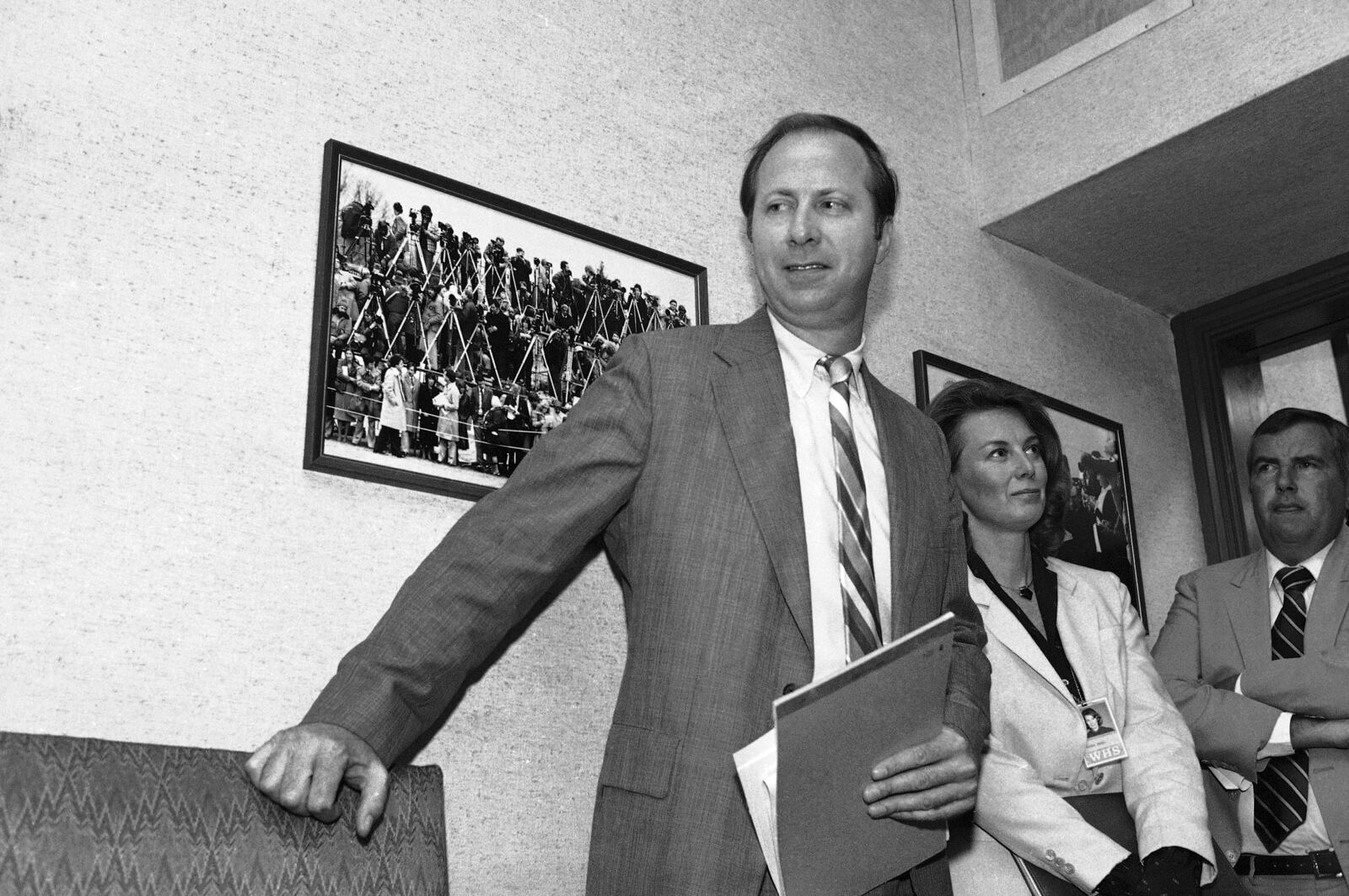 FILE - David Gergen, who has been named by President Ronald Reagan to be his assistant for communications, stands in the press briefing room in the White House in Washington on June 18, 1981. (AP Photo/Dennis Cook, File)