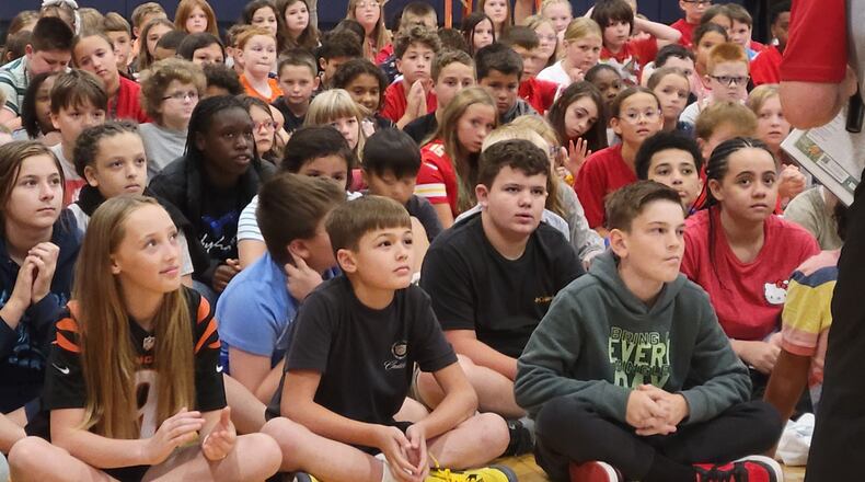Fairborn Intermediate Students listen during a focus challenge led by Lt. Gov. Jim Tressel Wednesday, Aug. 27, 2025. LONDON BISHOP/STAFF