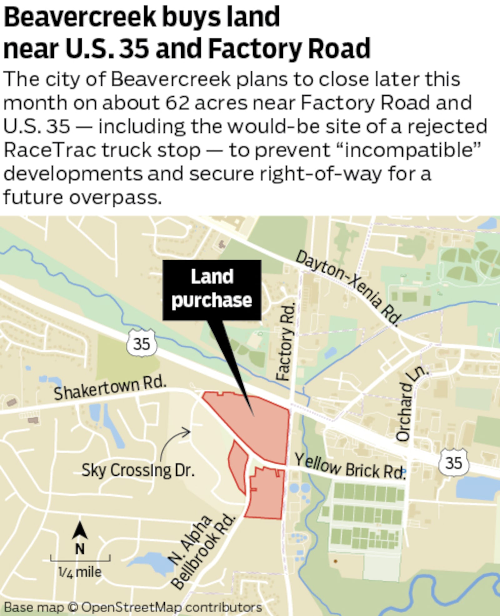 The city of Beavercreek plans to close later this month on about 62 acres near U.S. 35 - including the would-be site of a rejected RaceTrac truck stop - to prevent "incompatible" developments and secure right-of-way for a future overpass.