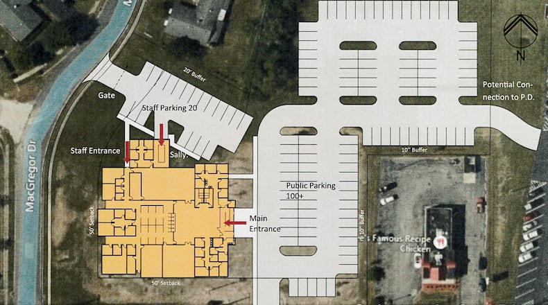 Montgomery County’s new Western Division municipal court, seen in this potential site plan, will be located on roughly 3.3 acres of property on the north side of East Main Street just across Macgregor Drive from the new library. MONTGOMERY COUNTY/LWC INCORPORATED