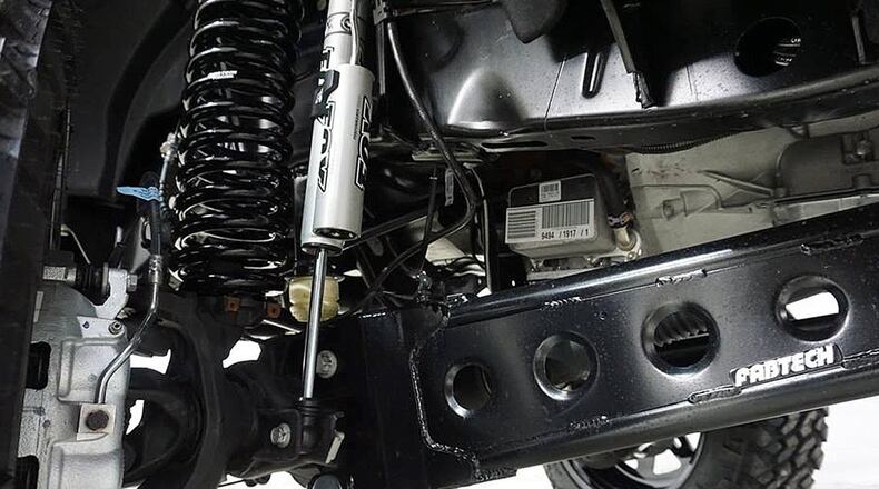 The 6-inch lift kit from FabTech and Fox shocks on the 2017 Ford F350 diesel 4-wheel drive pickup truck after it was modified XTP Diesel & Offroad of Beavercreek.