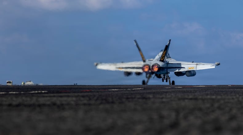 This handout image from the U.S. Navy shows an EA-18G Growler launching from the flight deck of the Nimitz-class aircraft carrier USS Abraham Lincoln in the Indian Ocean on Jan. 23, 2026. (Mass Communication Specialist Seaman Daniel Kimmelman/U.S. Navy via AP)