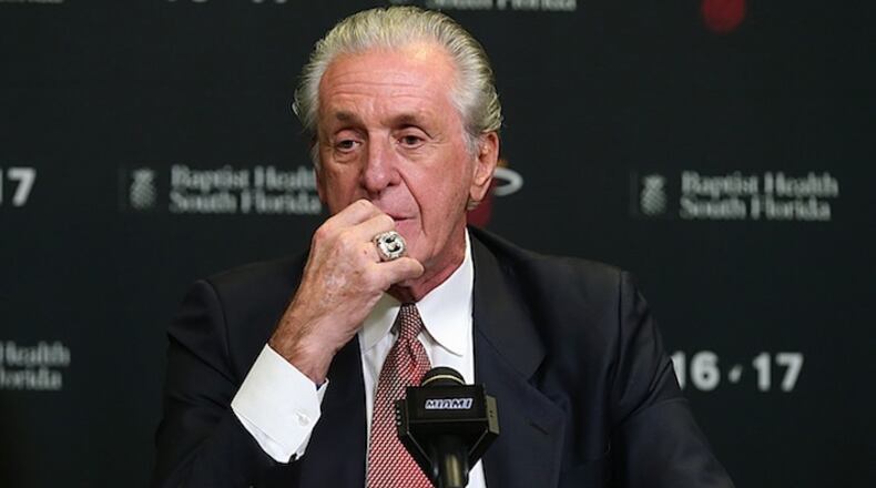 Miami Heat president Pat Riley shares some experiences about former Miami Heat player Shaquille O'Neal at a press conference before the Heat retires his No. 32 jersey during a special halftime ceremony of the Miami Heat vs Los Angeles Lakers Thursday, Dec. 22, 2016 at AmericanAirlines Arena in Miami, Fla. (Pedro Portal/Miami Herald/TNS)