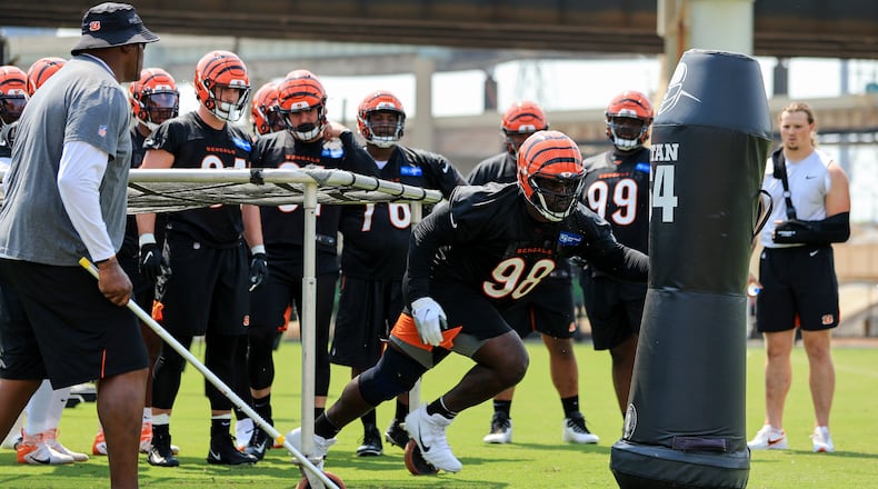 Cincinnati Bengals' D.J. Reader runs a drill during NFL football practice in Cincinnati, Wednesday, July 28, 2021. (AP Photo/Aaron Doster)