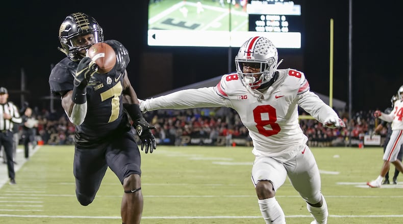 WEST LAFAYETTE, IN - OCTOBER 20: Isaac Zico #7 of the Purdue Boilermakers makes a touchdown catch in the end zone as Kendall Sheffield #8 of the Ohio State Buckeyes defends at Ross-Ade Stadium on October 20, 2018 in West Lafayette, Indiana. (Photo by Michael Hickey/Getty Images)