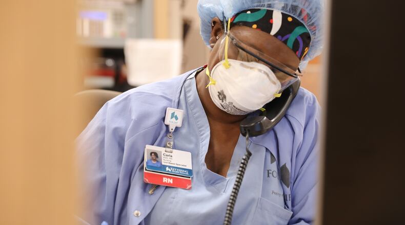 A nurse at work at Kettering Medical Center Monday.