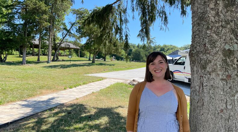 Heather Ritter, executive director of Learning Tree Farm, stands in front of the new wheelchair accessible pathway.