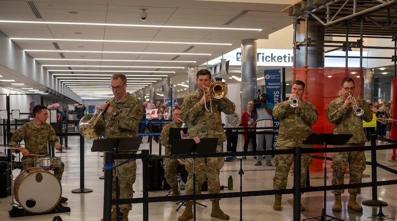 Members of the Wright-Patterson Air Force Base Band of Flight perform for the crowd at Dayton International Airport on April 26, 2025. (U.S. Air Force photo by Tech. Sgt. Mikaley Kline).