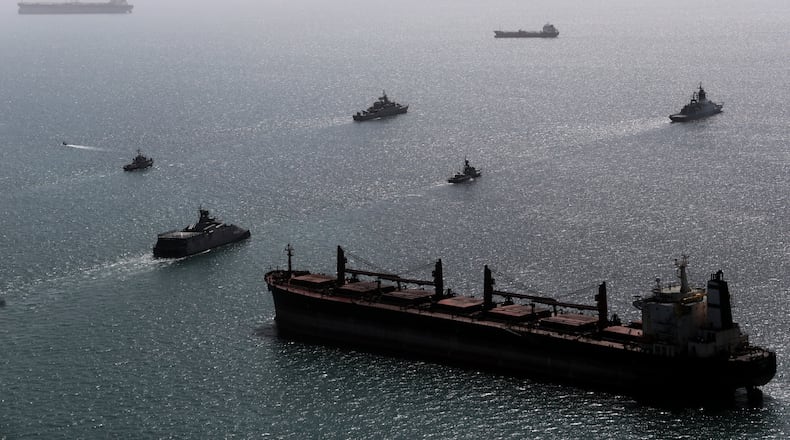 This image provided Thursday Feb. 19, 2026 by the Iranian military and dated Tuesday, Feb. 17, 2025, shows navy ships conducting operations during a join drill by Iranian and Russian forces in the Indian Ocean.(Masoud Nazari Mehrabi/Iranian Army via AP)