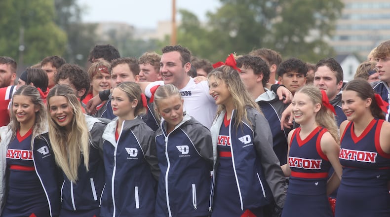 Dayton celebrates a victory against St. Francis on Saturday, Aug. 31, 2024, at Welcome Stadium in Dayton. David Jablonski/Staff