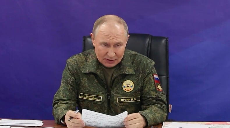 In this image made from video released by the Russian Presidential Press Office on Sunday, Oct. 26, 2025, Russian President Vladimir Putin speaks while visiting one of the command posts of the Joint Group of Forces. (Russian Presidential Press Office via AP)