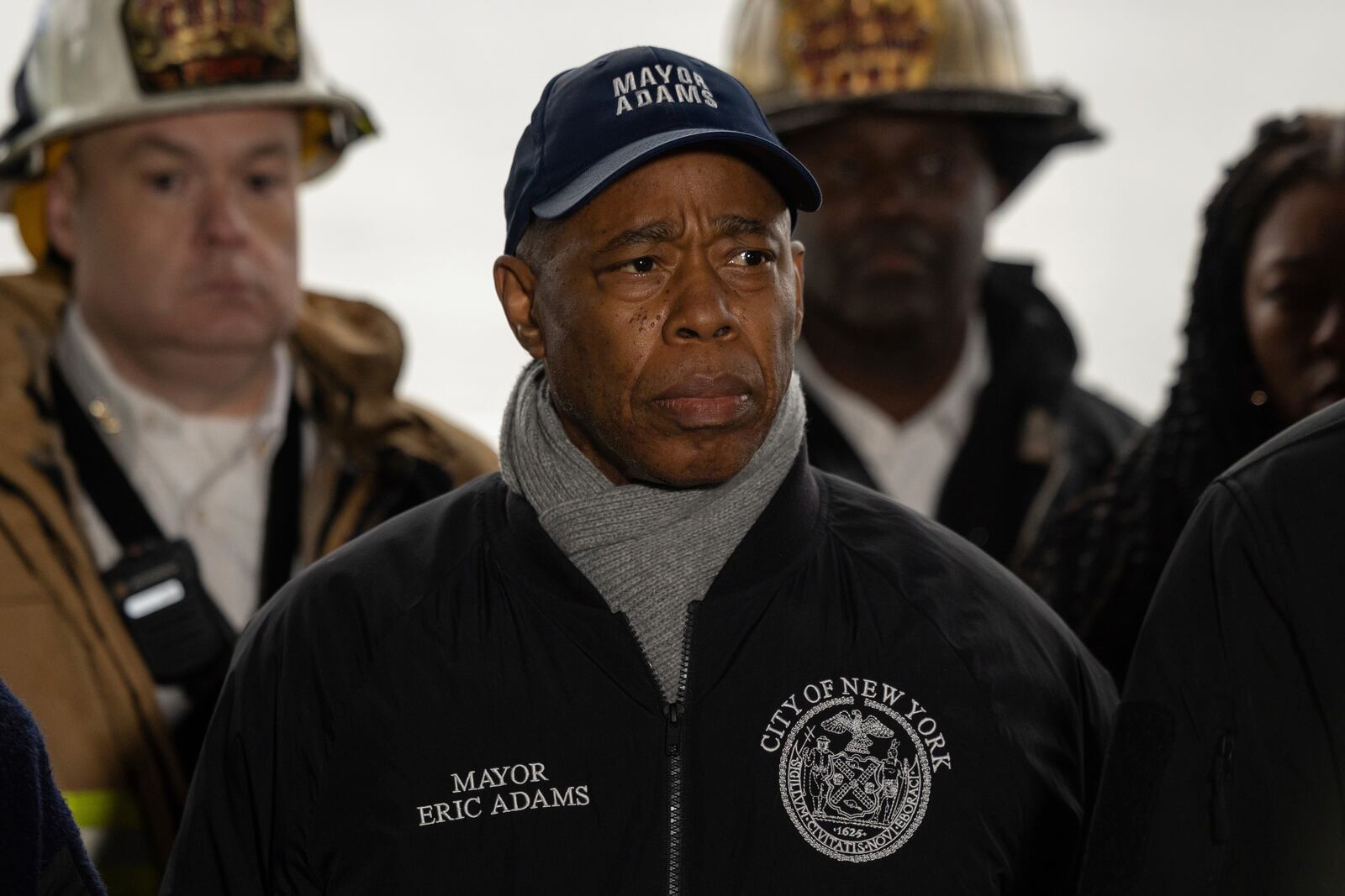 New York City Mayor Eric Adams attends a press conference at Pier 40, where a helicopter went down in the Hudson River between Manhattan and the New Jersey waterfront, Thursday, April 10, 2025, in New York. (AP Photo/Yuki Iwamura)