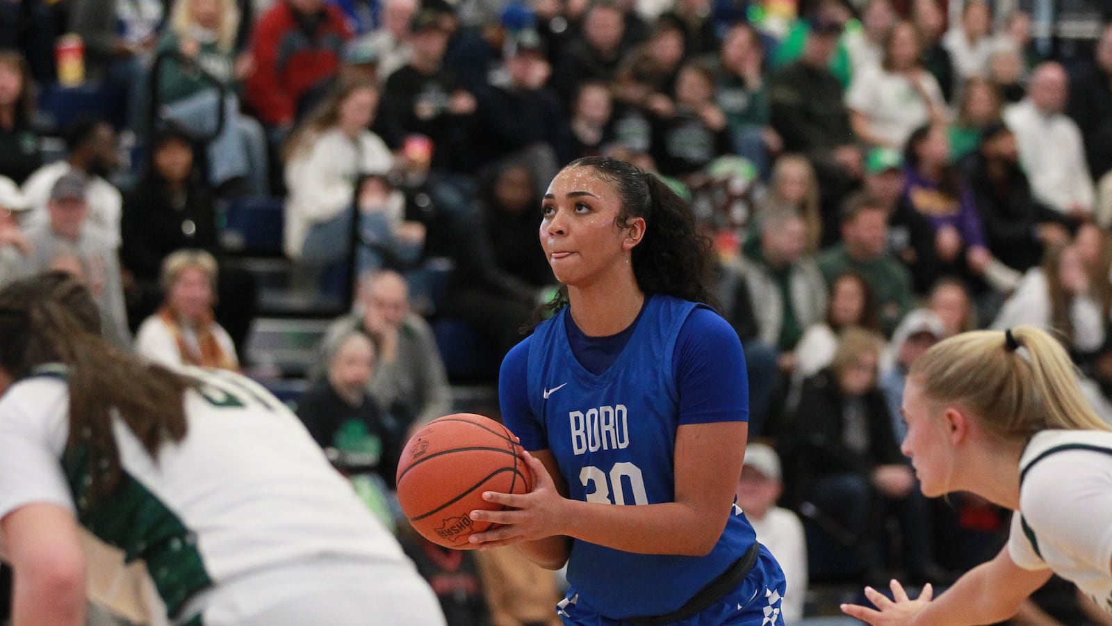 Aniya Trent shoots a free throw as Springboro downed Mason on Saturday night March 1, 2025 at Fairborn to win the Southwest regional championship in girls basketball for the second straight year.