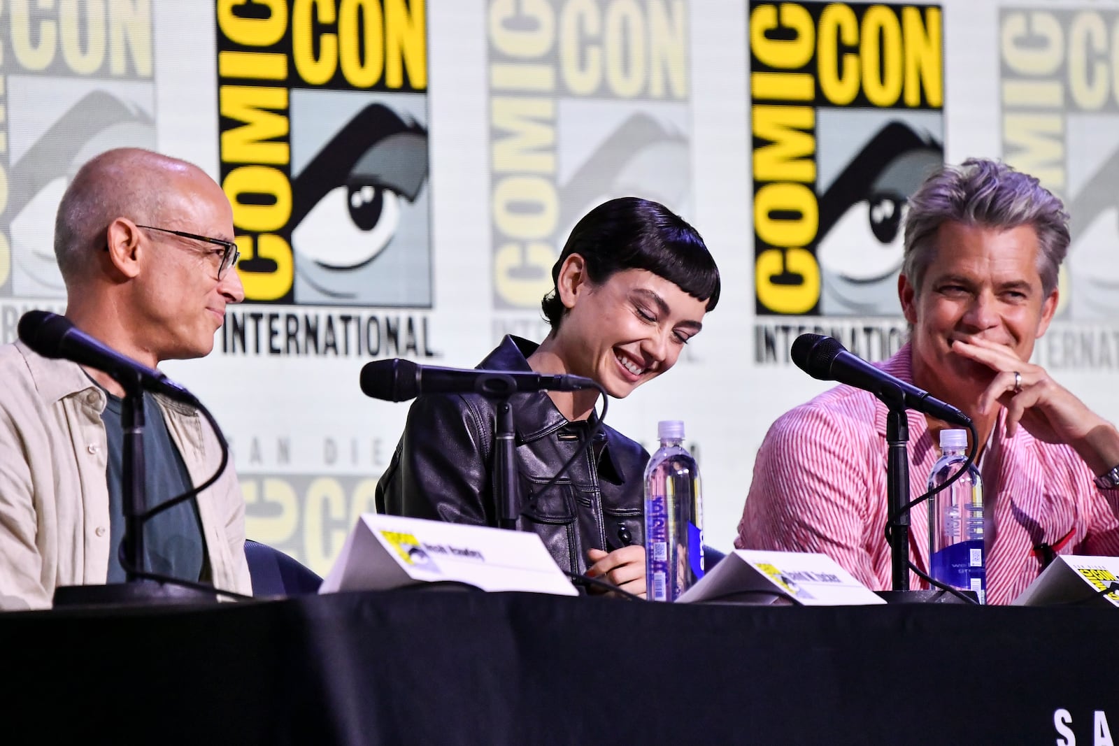 David W. Zucker, from left, Sydney Chandler, and Timothy Olyphant attend a panel for "Alien: Earth" during Comic-Con International on Friday, July 25, 2025, in San Diego. (Photo by Richard Shotwell/Invision/AP)