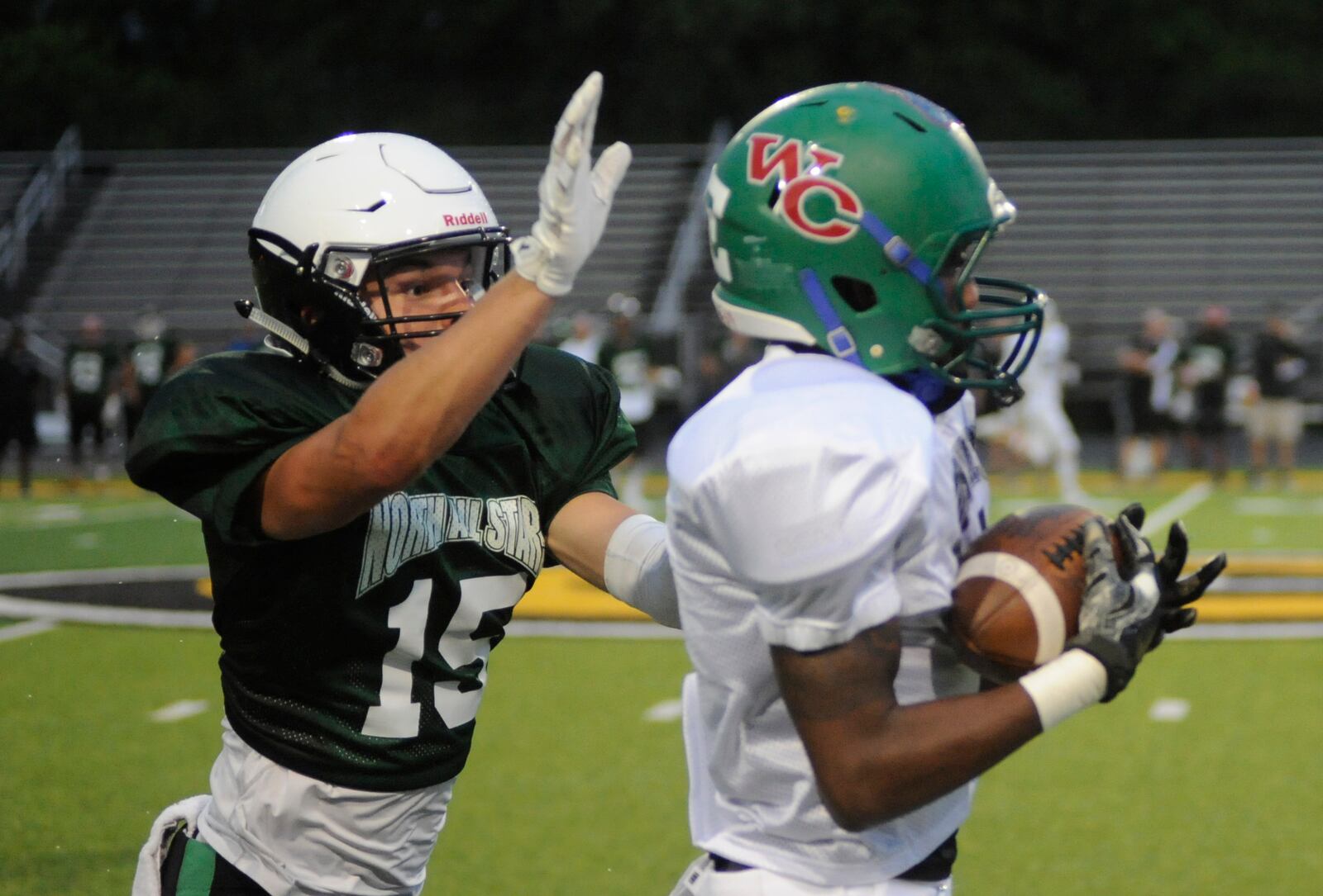 North DB Jacob Evans (Bethel) defends South WR Keshaun Owens (CJ) during the North/South game at Centerville on Friday, June 8, 2018. MARC PENDLETON / STAFF