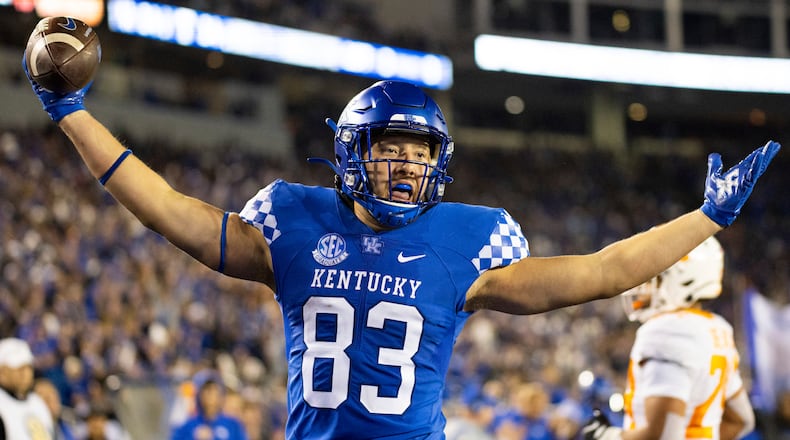 Kentucky tight end Justin Rigg (83) celebrates scoring a touchdown during the first half of an NCAA college football game against Tennessee in Lexington, Ky., Saturday, Nov. 6, 2021. (AP Photo/Michael Clubb)