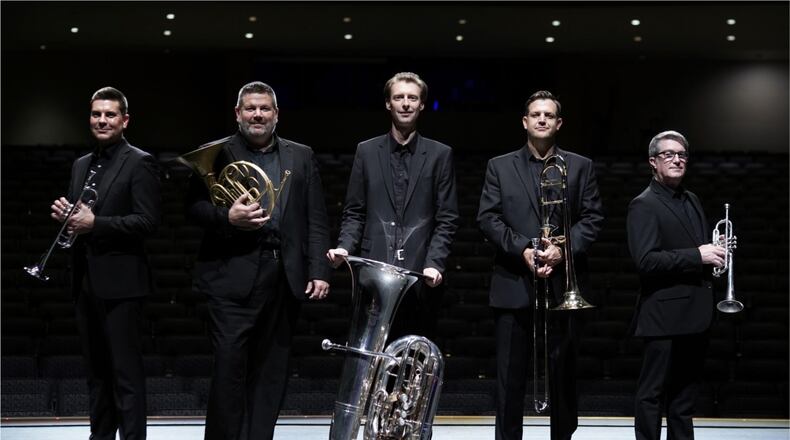 Spectrum Brass, (left to right) Brian Buerkle, Erich Peterson, Matthew Lyon, Andrew Mitchell and Scott Thornburg, will be presented by Miami Valley Community Concert Association at Centerville Performing Arts Center on Thursday, Sept. 7. CONTRIBUTED