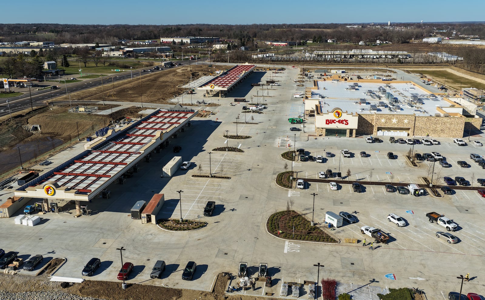 Construction of the Buc-ee's in Huber Heights near the Interstate 70 and Ohio 235 interchange is nearly complete. The location is scheduled to open to the public on April 6. NICK GRAHAM VIA DRONE/STAFF