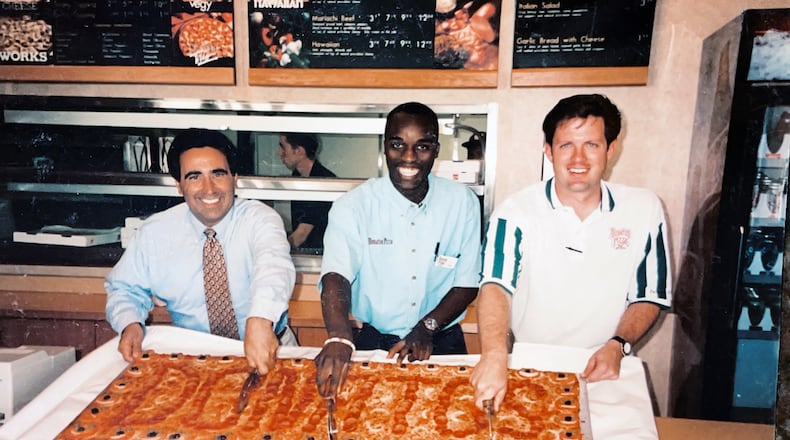 (L-R) Tony Capizzi, general manager, James A., Todd Rogers at the 1997 grand opening of the (now closed) Five Oaks Donatos location in Dayton.