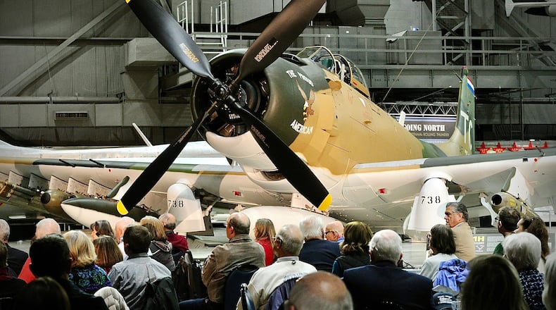 The National Museum of the United States Air Force held a dedication ceremony for its newest aircraft the A-1H Skyraider Friday Nov. 18, 2022. The A-1H Skyraider provided support for search and rescue missions in Southeast Asia. The command has touted the OA-1K Skyraider II as an inexpensive but capable light attack aircraft to provide eyes in the sky for special operations forces on the ground and replacing several airframes due for retirement in the coming years. Its name is a nod to the A-1 Skyraider, a propeller-driven attack aircraft that saw heavy use in the Korean and Vietnam wars before its retirement in 1973, according to the command. MARSHALL GORBY\STAFF