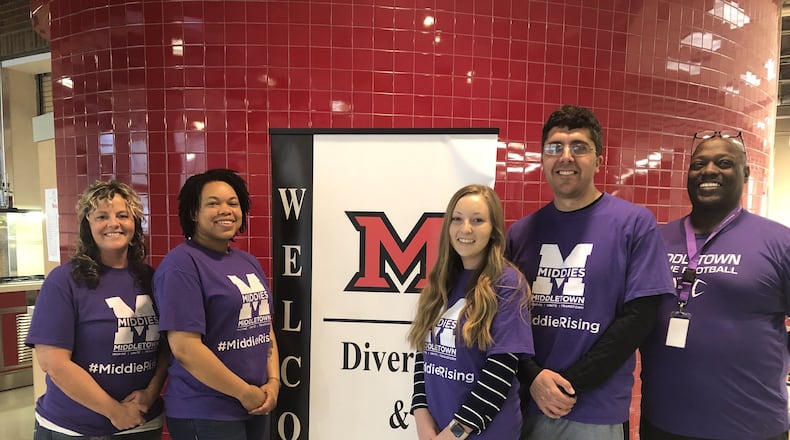In the fall of 2018, Middletown Schools applied for and received a state education grant funding the new, joint program allowing special education teacher classroom assistants to gain their intervention specialist teaching license. The first participants, left to right, are: Johnna Arrowood, Amanda Elementary; Ayesha Winfrey, Rosa Parks Elementary; Taylor Parsons, Miller Ridge Elementary; Steve Urso, Middletown High School and Dwight Smith, Middletown High School. CONRBUTED