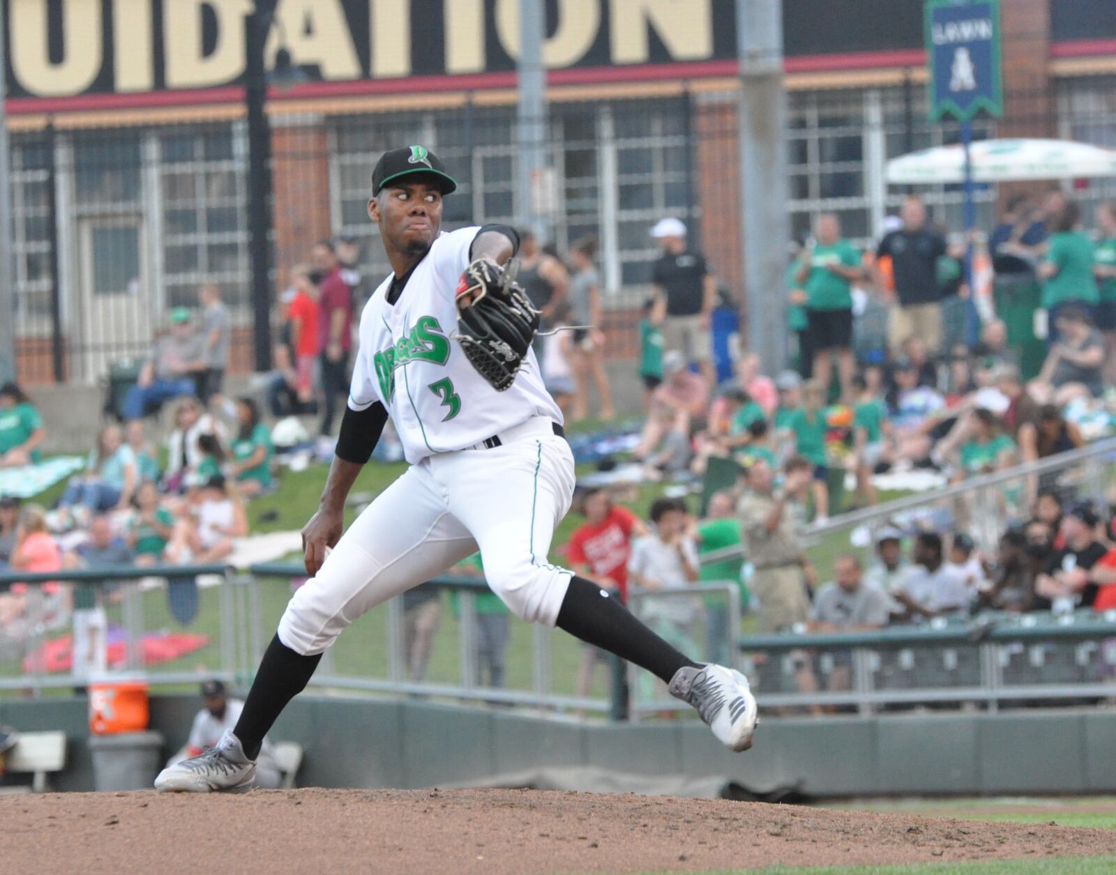 Hunter Greene hit 100 miles per hour four times during his last start for the Dayton Dragons at Fifth Third Field Wednesday June 27, 2018. Nick Dudukovich/CONTRIBUTED