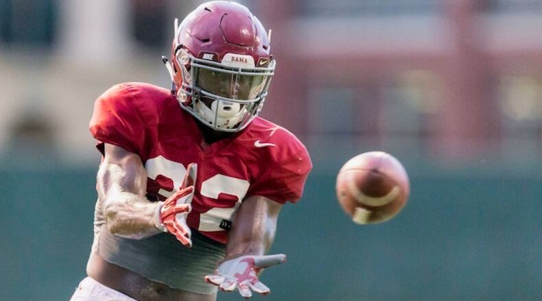 Alabama linebacker Rashaan Evans (32) works through drills during football practice, Wednesday, Aug. 9, 2017, at the Thomas-Drew Practice Fields in Tuscaloosa, Ala. (Vasha Hunt/AL.com via AP)