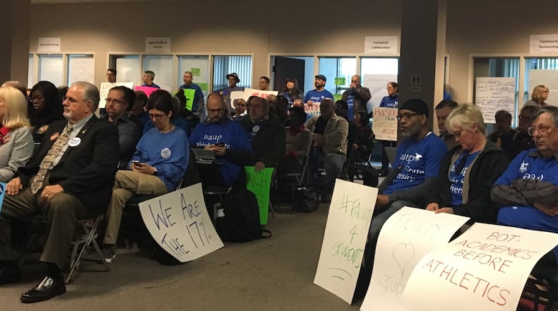 Wright State faculty union members protested at a board of trustees meeting Friday, Oct. 19, 2018. The union and administration have been negotiating a new contract for more than a year.