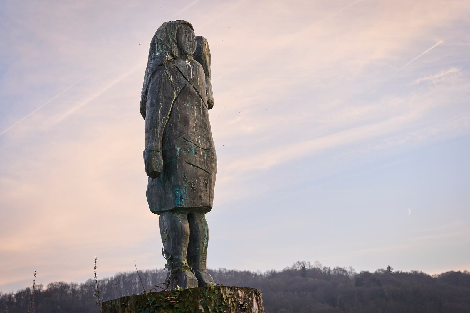 This Wednesday, Nov. 6, 2024 photo shows the bronze statue representing Melania Trump that was sawed off and taken away, in the village of Rozno, Slovenia, near Malenia Trump's hometown of Sevnica. (AP Photo/Darko Bandic)