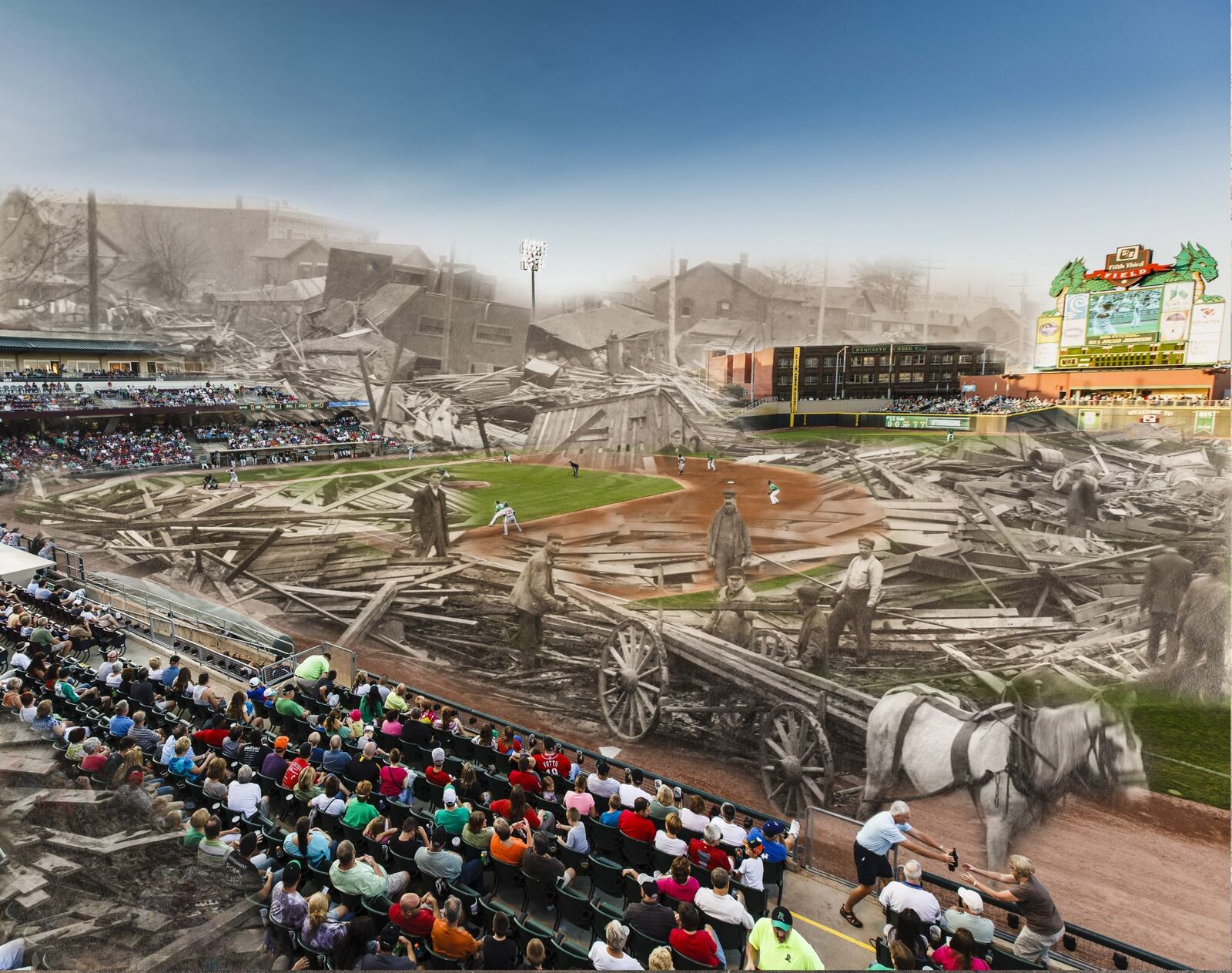 Andy Snow, "Blend: Requarth Lumber’s Modern Neighbor Is The Dayton Dragons" is an archival pigment print, 22 x 26 in. CONTRIBUTED