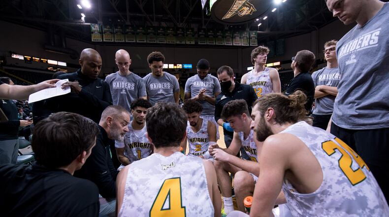 Wright State's Scott Nagy talks to his team during a timeout against Oakland at the Nutter Center on Feb. 5, 2022. Joseph Craven/Wright State Athletics