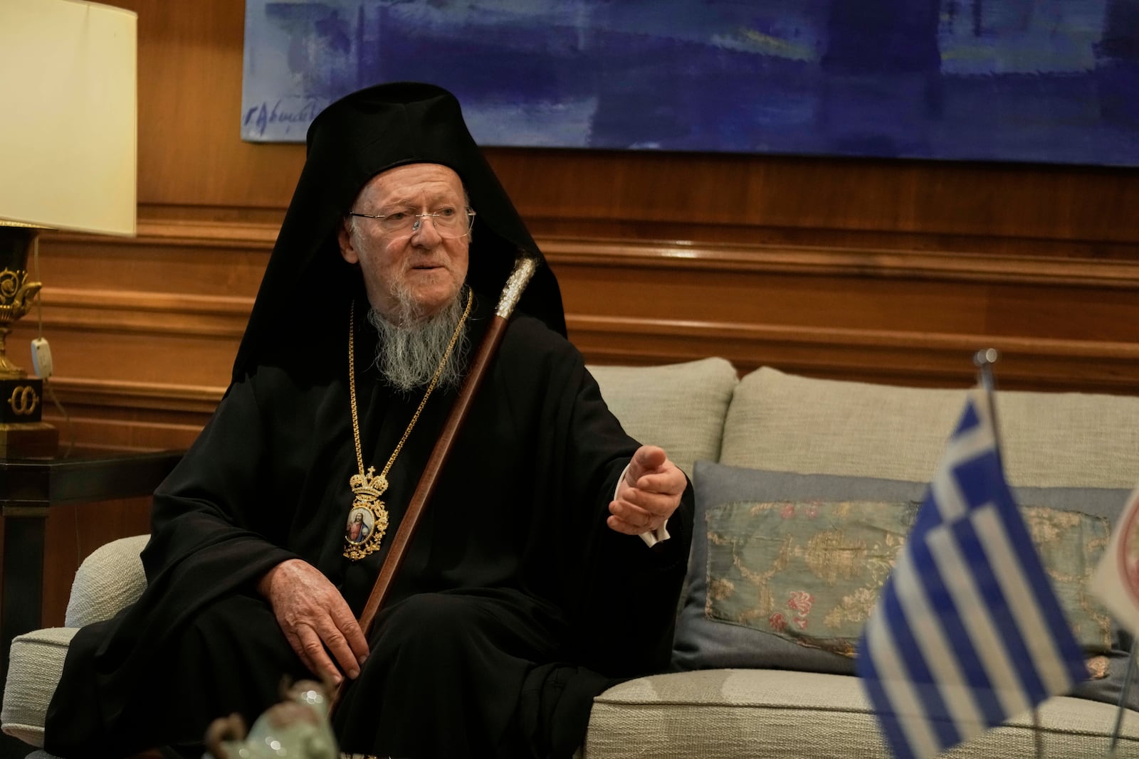 Orthodox Ecumenical Patriarch Bartholomew speaks during his meeting with Greece's Prime Minister Kyriakos Mitsotakis, in Athens, on Thursday May 8, 2025. (AP Photo/Petros Giannakouris)