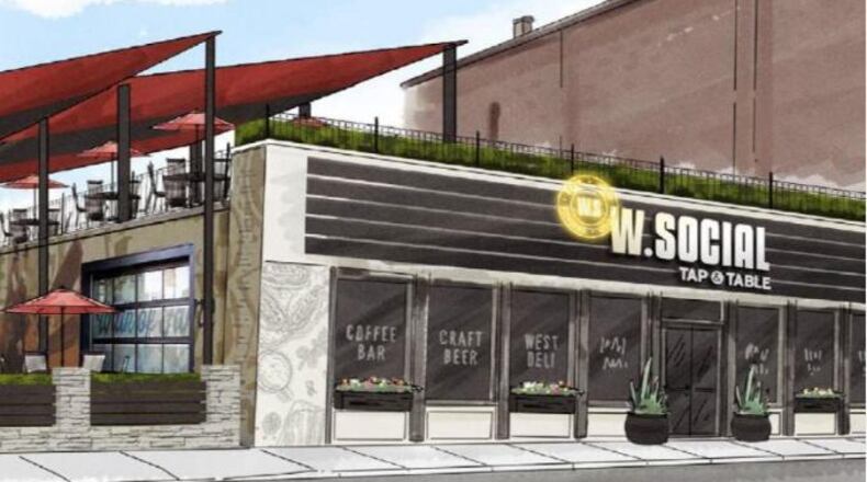 The Wright Dunbar Food Hall project at 1100 W. Third St. is projected to include outdoor seating and entertainment as well as food vendors. Source: Dillin