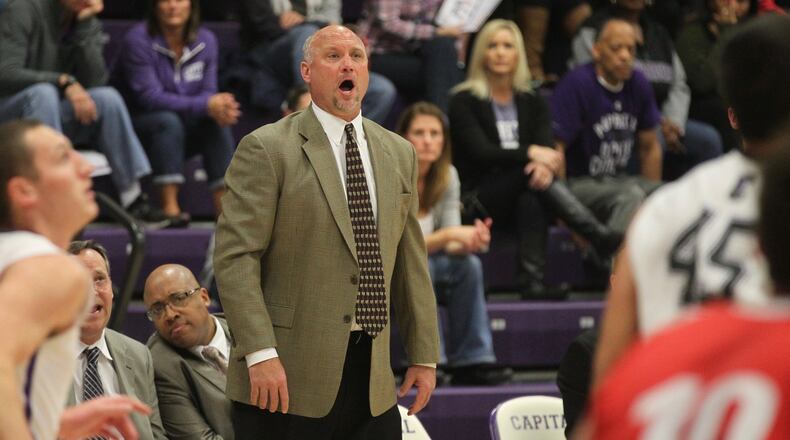 Capital’s Damon Goodwin reacts to a play during a game against Wittenberg on Tuesday, Nov. 29, 2016, at the Capital Center in Bexley. David Jablonski/Staff